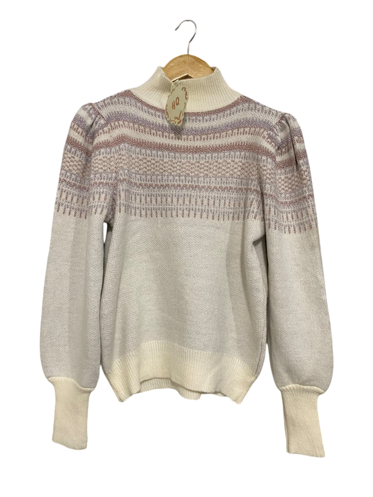 HQ |M| BUST 19| A53| CREAM METALLIC FAIR ISLE MOCK-NECK TECHNICAL UTILITY SWEATER