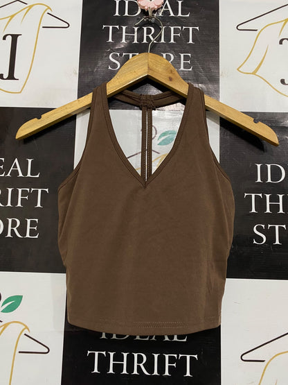 |S| BUST 13| A53| BROWN HALTER-NECK CROPPED TECHNICAL UTILITY TANK TOP