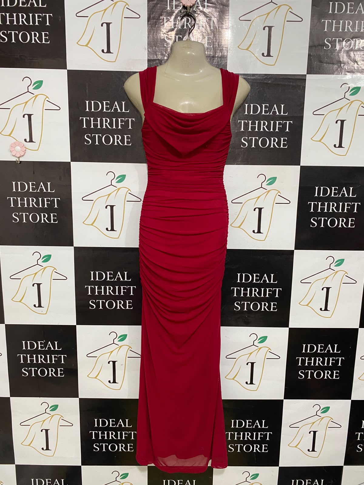 MARTHEA |XS| BUST 15| A53| CRIMSON COWL-NECK RUCHED TECHNICAL UTILITY MAXI DRESS