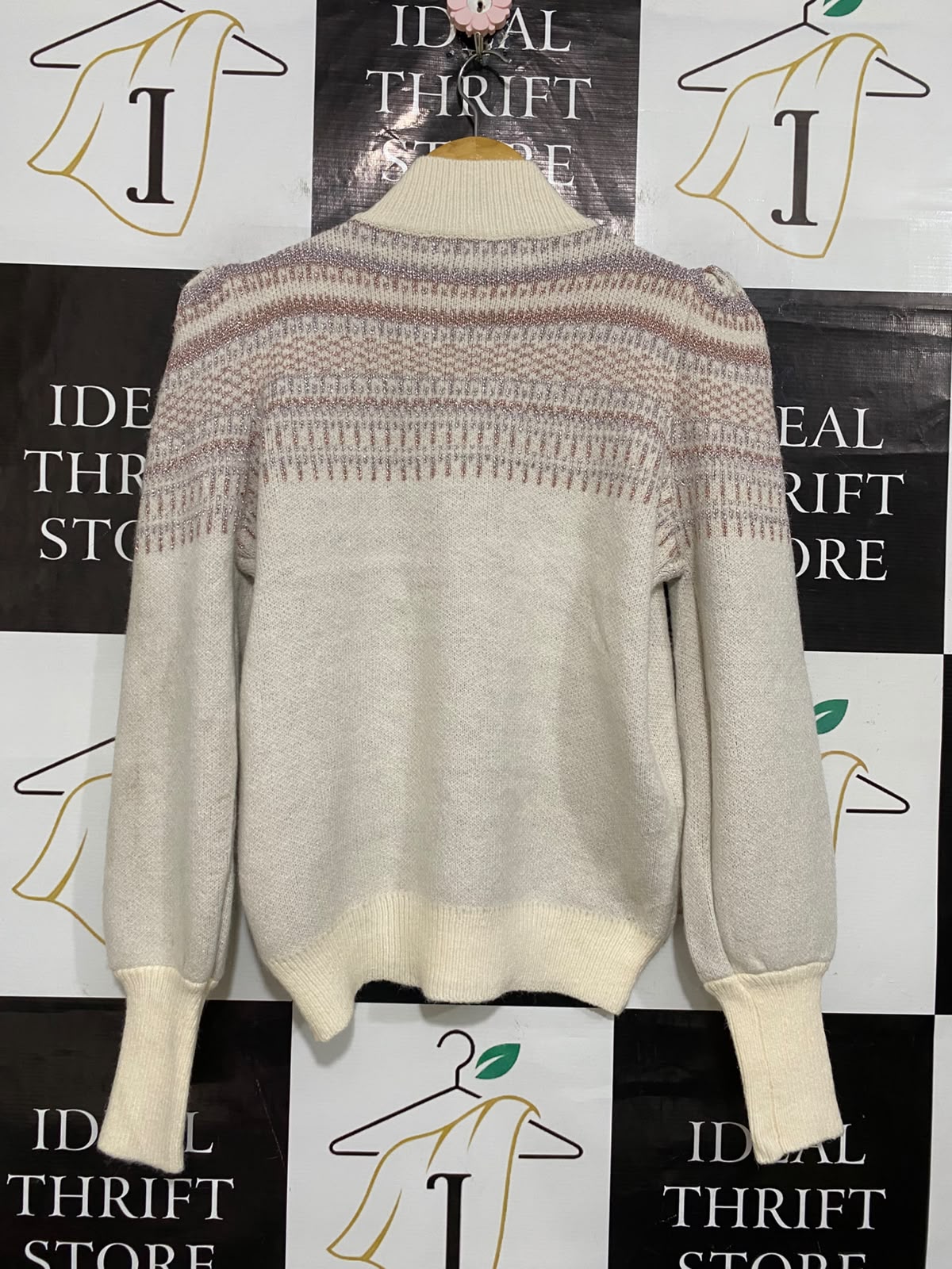 HQ |M| BUST 19| A53| CREAM METALLIC FAIR ISLE MOCK-NECK TECHNICAL UTILITY SWEATER
