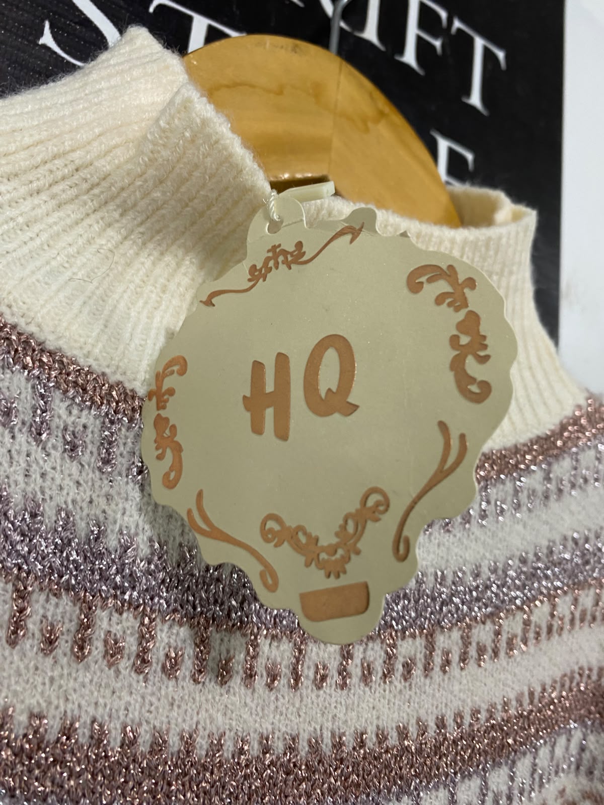 HQ |M| BUST 19| A53| CREAM METALLIC FAIR ISLE MOCK-NECK TECHNICAL UTILITY SWEATER