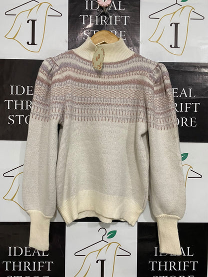 HQ |M| BUST 19| A53| CREAM METALLIC FAIR ISLE MOCK-NECK TECHNICAL UTILITY SWEATER