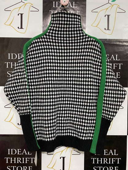 |L| BUST 21| A53| BLACK AND WHITE HOUNDSTOOTH GREEN-TRIM TURTLENECK TECHNICAL UTILITY SWEATER