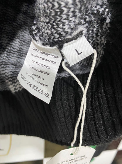 |L| BUST 21| A53| BLACK AND WHITE HOUNDSTOOTH GREEN-TRIM TURTLENECK TECHNICAL UTILITY SWEATER