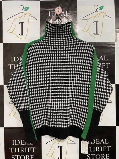 |L| BUST 21| A53| BLACK AND WHITE HOUNDSTOOTH GREEN-TRIM TURTLENECK TECHNICAL UTILITY SWEATER