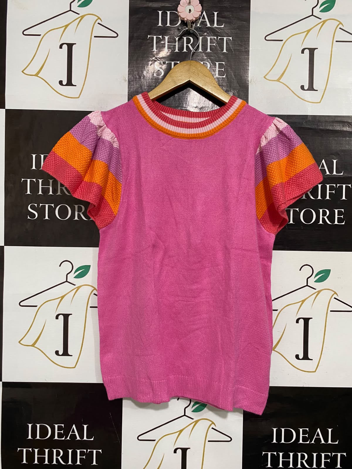 |S| BUST 18| A53| PINK MULTICOLOR STRIPED SLEEVE TECHNICAL UTILITY KNIT TOP