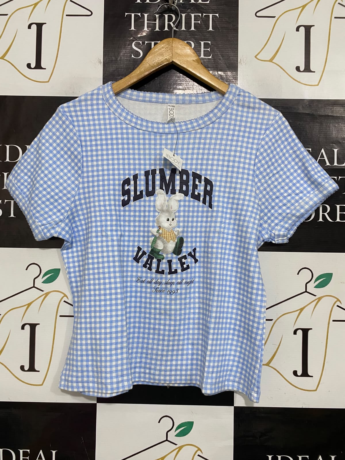 COTTON ON |M| BUST 19| A53| BLUE GINGHAM "SLUMBER VALLEY" BUNNY GRAPHIC TECHNICAL UTILITY T-SHIRT