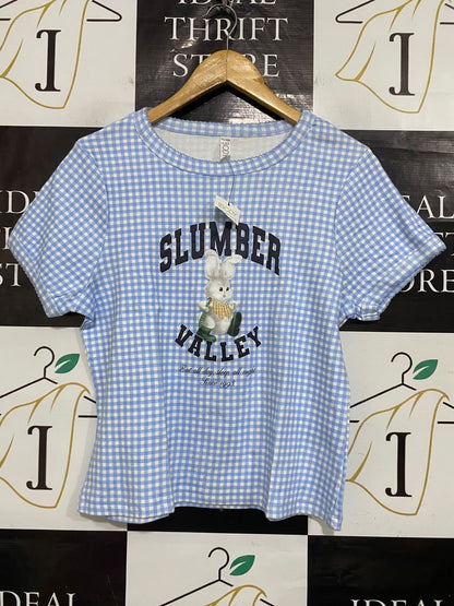 COTTON ON |M| BUST 19| A53| BLUE GINGHAM "SLUMBER VALLEY" BUNNY GRAPHIC TECHNICAL UTILITY T-SHIRT