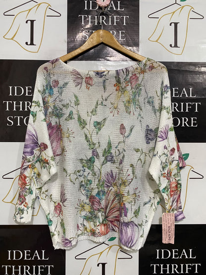 SENZA NOME |L| BUST 28| A53| WHITE FLORAL MESH BOAT-NECK TECHNICAL UTILITY OVERSIZED TOP