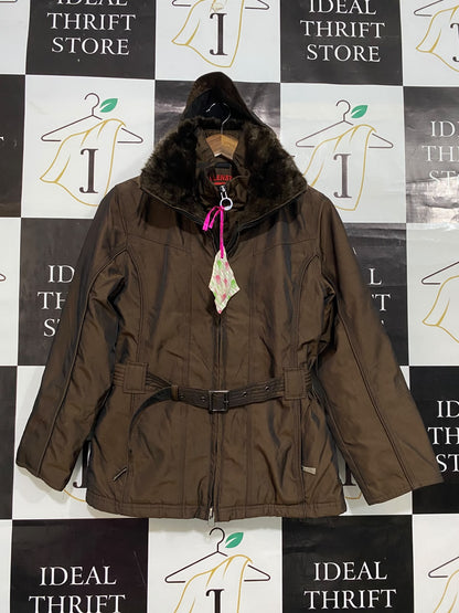 WELLENSTEYN |S| BUST 18| A53| BROWN BELTED FUR-COLLAR TECHNICAL UTILITY WINTER JACKET