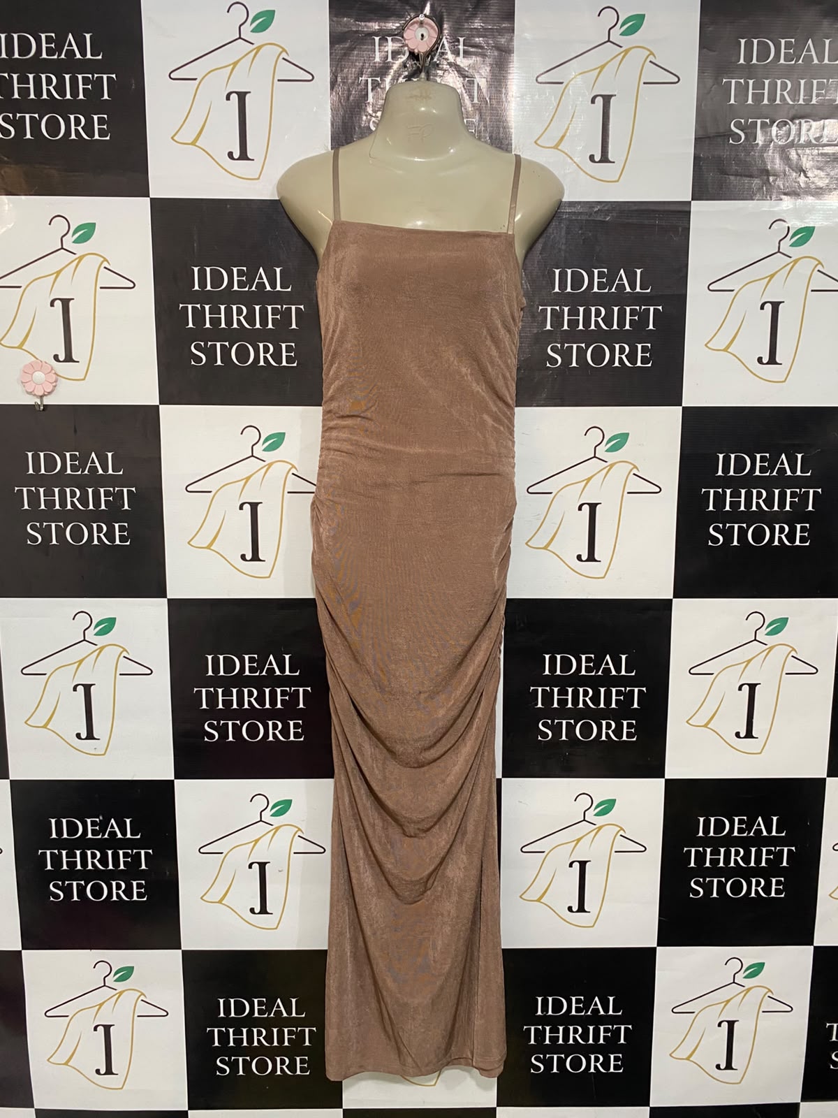 GLASSONS |S| BUST 15| A53|NUDE SHIMMER COWL-NECK RUCHED TECHNICAL UTILITY MAXI DRESS