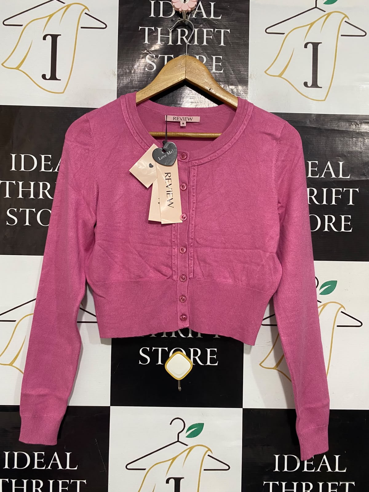 REVIEW |M| BUST 18| A53| PINK REVIEW CREW-NECK CROPPED BUTTON-FRONT TECHNICAL UTILITY CARDIGAN