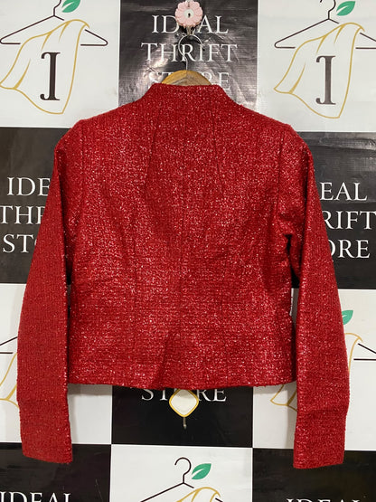D DUE |S| BUST 17| A53| RED METALLIC TWEED OPEN-FRONT TECHNICAL UTILITY BLAZER