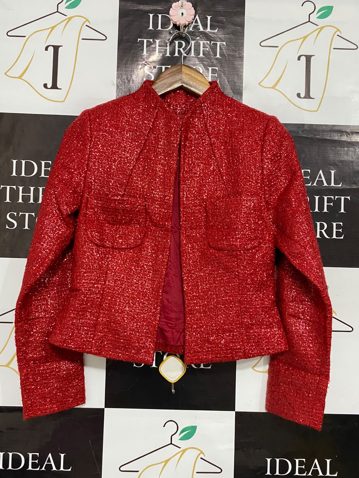 D DUE |S| BUST 17| A53| RED METALLIC TWEED OPEN-FRONT TECHNICAL UTILITY BLAZER