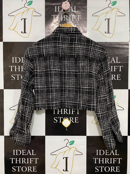 H&M |XS| BUST 19| A53| BLACK AND WHITE CHECKED TWEED CROPPED TECHNICAL UTILITY SHIRT JACKET