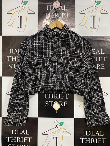 H&M |XS| BUST 19| A53| BLACK AND WHITE CHECKED TWEED CROPPED TECHNICAL UTILITY SHIRT JACKET