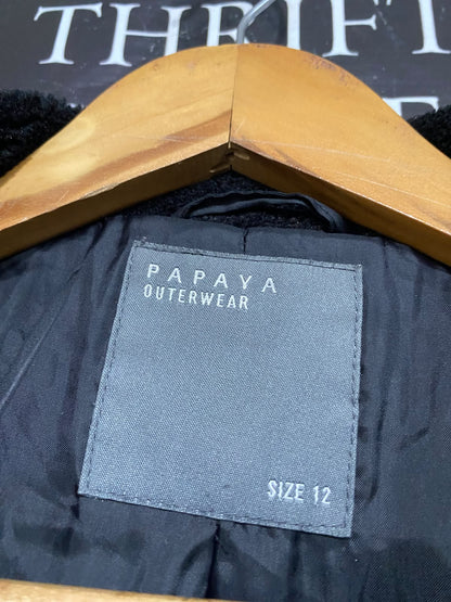 PAPAYA |M| BUST 21| A53| BLACK FAUX-FUR ASYMMETRIC BIKER-STYLE TECHNICAL UTILITY JACKET