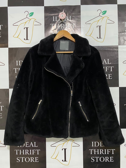 PAPAYA |M| BUST 21| A53| BLACK FAUX-FUR ASYMMETRIC BIKER-STYLE TECHNICAL UTILITY JACKET