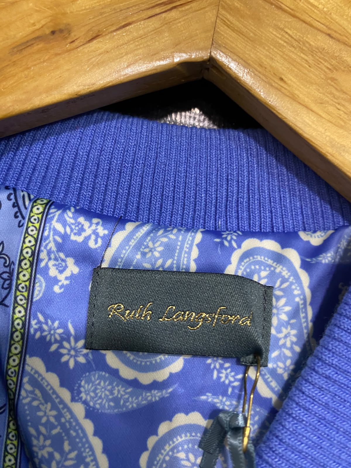 RUTH LANGSFORA |M| BUST 21| A53| BLUE AND LIME PATCHWORK PAISLEY FULL-ZIP TECHNICAL UTILITY BOMBER JACKET