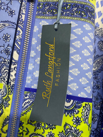 RUTH LANGSFORA |M| BUST 21| A53| BLUE AND LIME PATCHWORK PAISLEY FULL-ZIP TECHNICAL UTILITY BOMBER JACKET