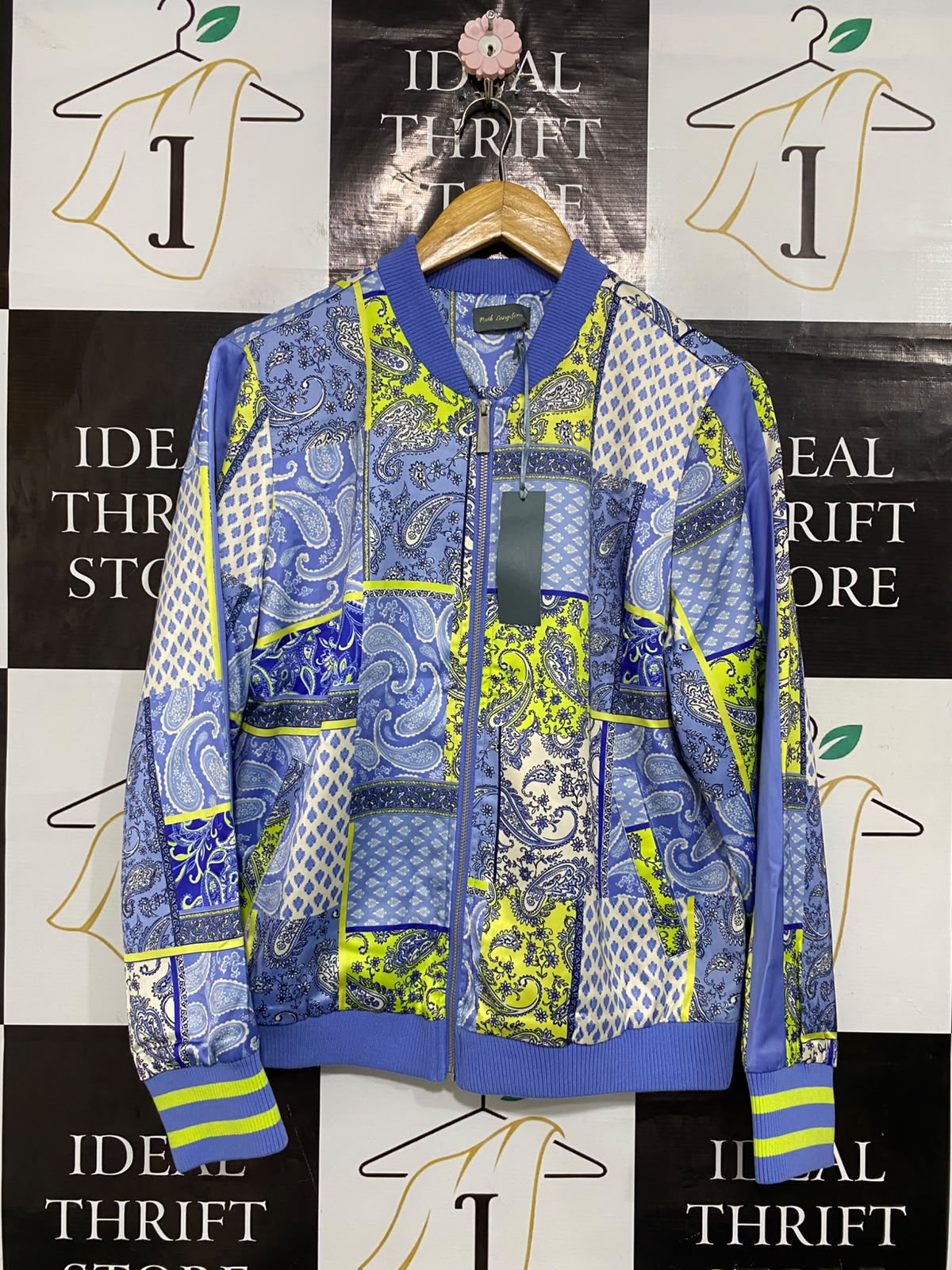 RUTH LANGSFORA |M| BUST 21| A53| BLUE AND LIME PATCHWORK PAISLEY FULL-ZIP TECHNICAL UTILITY BOMBER JACKET