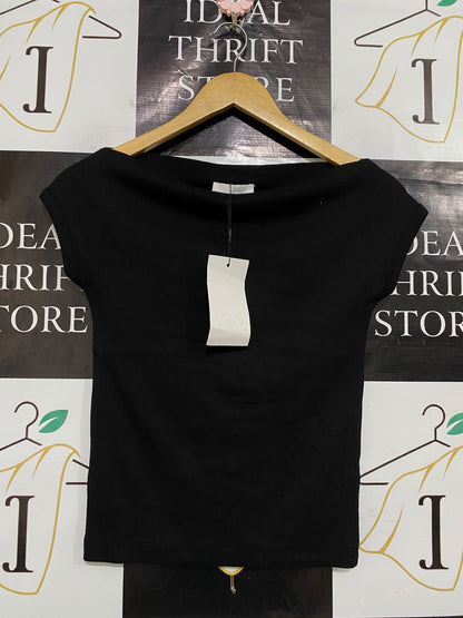 ZARA |M| BUST 15| A52| BLACK ZARA BOAT-NECK CAP-SLEEVE TECHNICAL UTILITY TOP