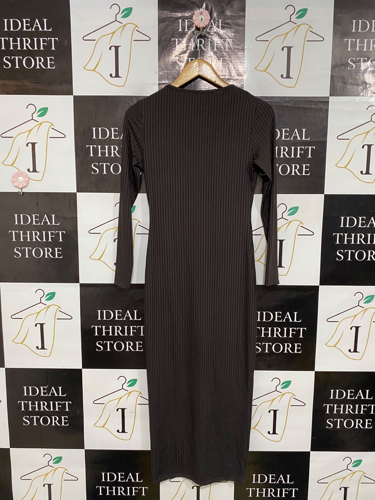 BOOHOO |S| BUST 16| A52| DARK BROWN V-NECK LONG-SLEEVE RIBBED TECHNICAL UTILITY MIDI DRESS