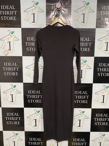 BOOHOO |S| BUST 16| A52| DARK BROWN V-NECK LONG-SLEEVE RIBBED TECHNICAL UTILITY MIDI DRESS