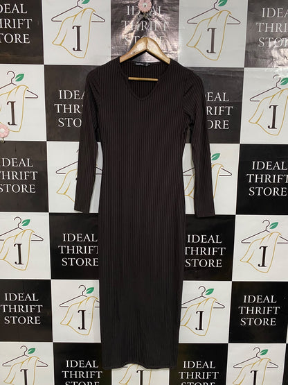 BOOHOO |S| BUST 16| A52| DARK BROWN V-NECK LONG-SLEEVE RIBBED TECHNICAL UTILITY MIDI DRESS