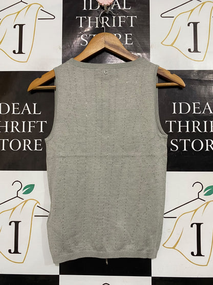 GUESS |XS| BUST 14| A52| BEIGE GUESS V-NECK SLEEVELESS RHINESTONE-EMBELLEISHED TECHNICAL UTILITY KNIT VEST