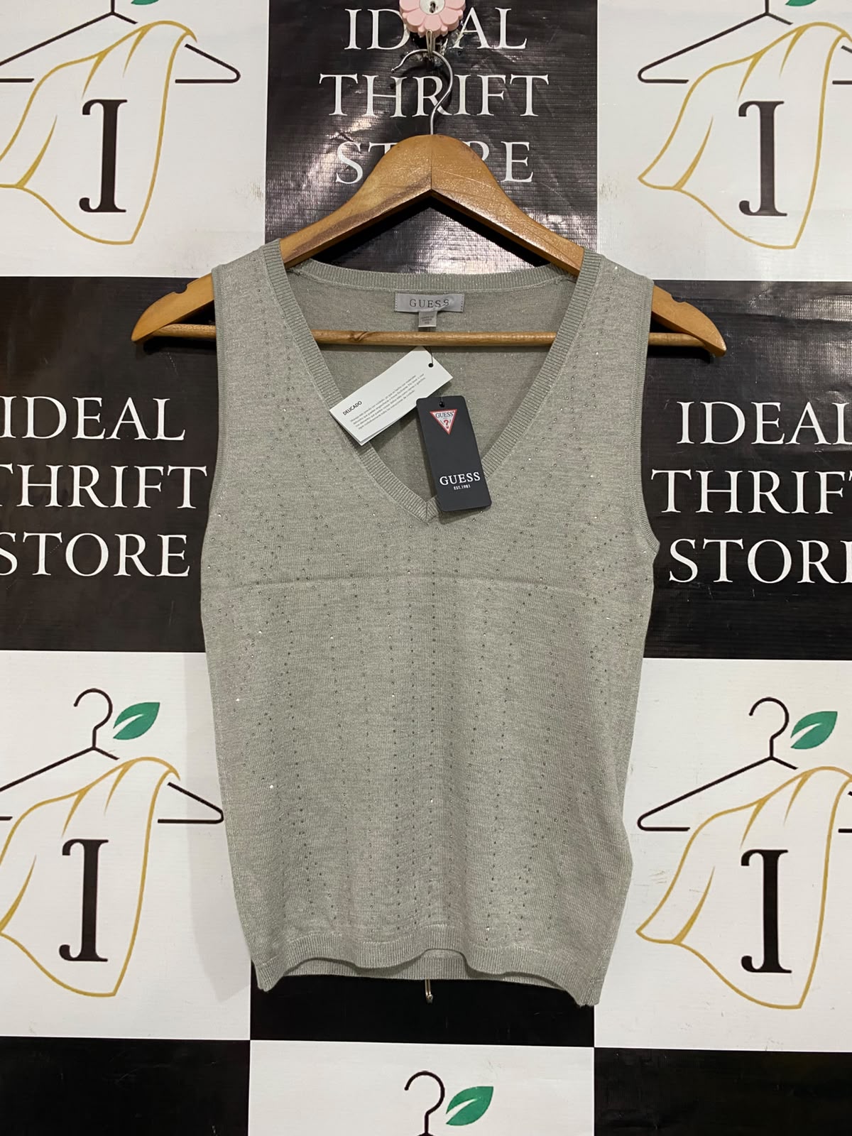 GUESS |XS| BUST 14| A52| BEIGE GUESS V-NECK SLEEVELESS RHINESTONE-EMBELLEISHED TECHNICAL UTILITY KNIT VEST