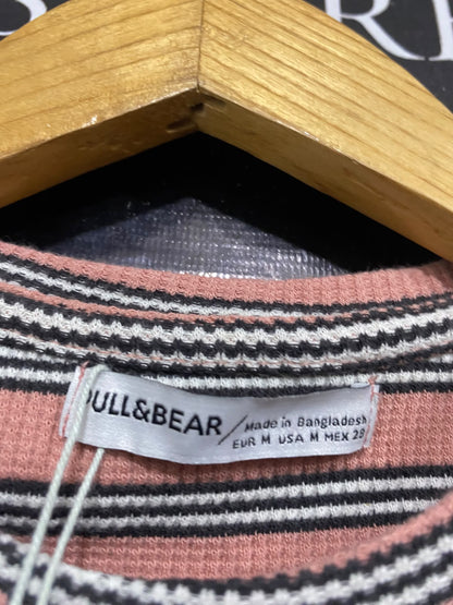 PULL & BEAR |M| BUST 14| A52| PINK AND MULTI STRIPED PULL&BEAR LETTUCE-EDGE TECHNICAL UTILITY T-SHIRT