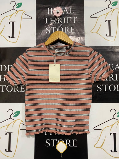 PULL & BEAR |M| BUST 14| A52| PINK AND MULTI STRIPED PULL&BEAR LETTUCE-EDGE TECHNICAL UTILITY T-SHIRT