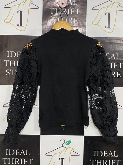 JEAN LOUIS FRANCOISE |S| BUST 14| A52| BLACK SIETEONCE MOCK-NECK LACE-SLEEVE TECHNICAL UTILITY PULLOVER TOP