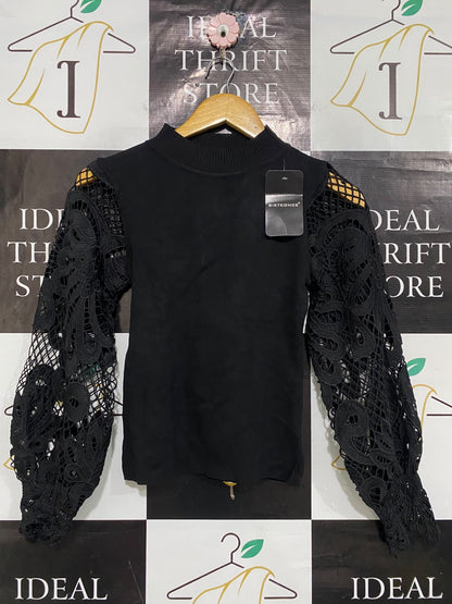 JEAN LOUIS FRANCOISE |S| BUST 14| A52| BLACK SIETEONCE MOCK-NECK LACE-SLEEVE TECHNICAL UTILITY PULLOVER TOP