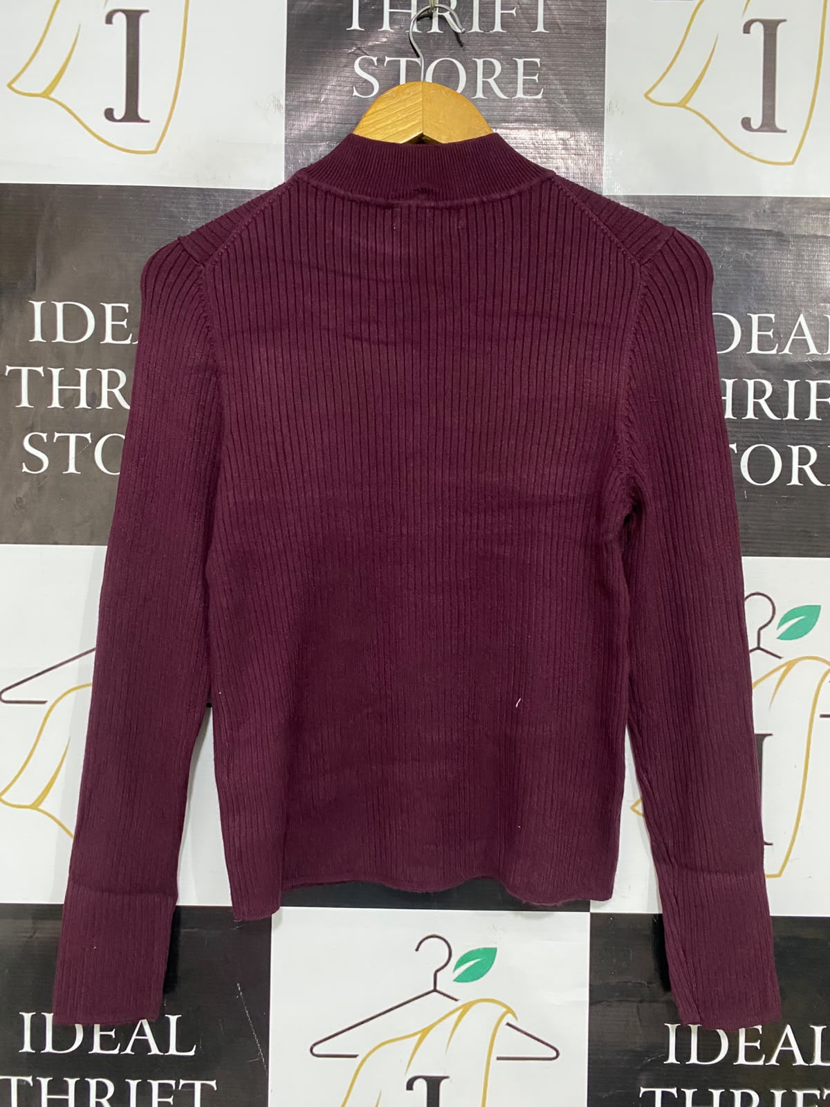 PRIMARK CARES |M| BUST 16| A52| BURGUNDY MOCK-NECK LONG-SLEEVE RIBBED TECHNICAL UTILITY PULLOVER TOP