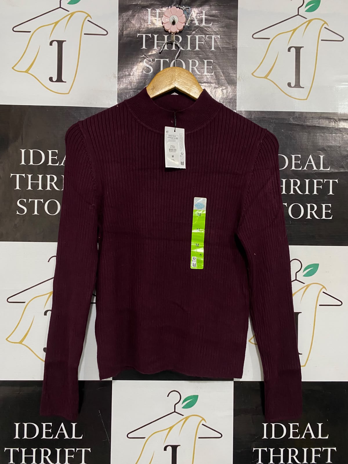 PRIMARK CARES |M| BUST 16| A52| BURGUNDY MOCK-NECK LONG-SLEEVE RIBBED TECHNICAL UTILITY PULLOVER TOP