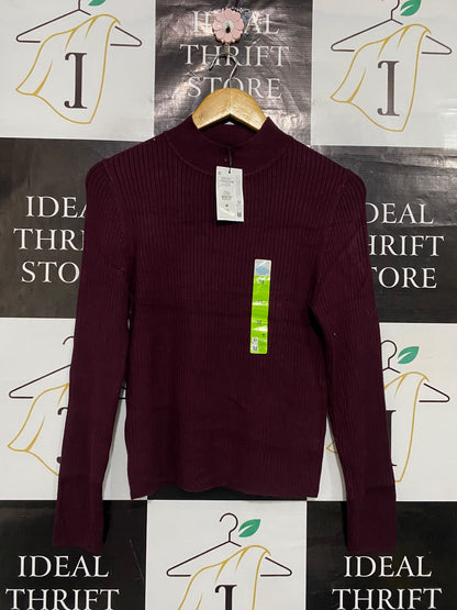 PRIMARK CARES |M| BUST 16| A52| BURGUNDY MOCK-NECK LONG-SLEEVE RIBBED TECHNICAL UTILITY PULLOVER TOP