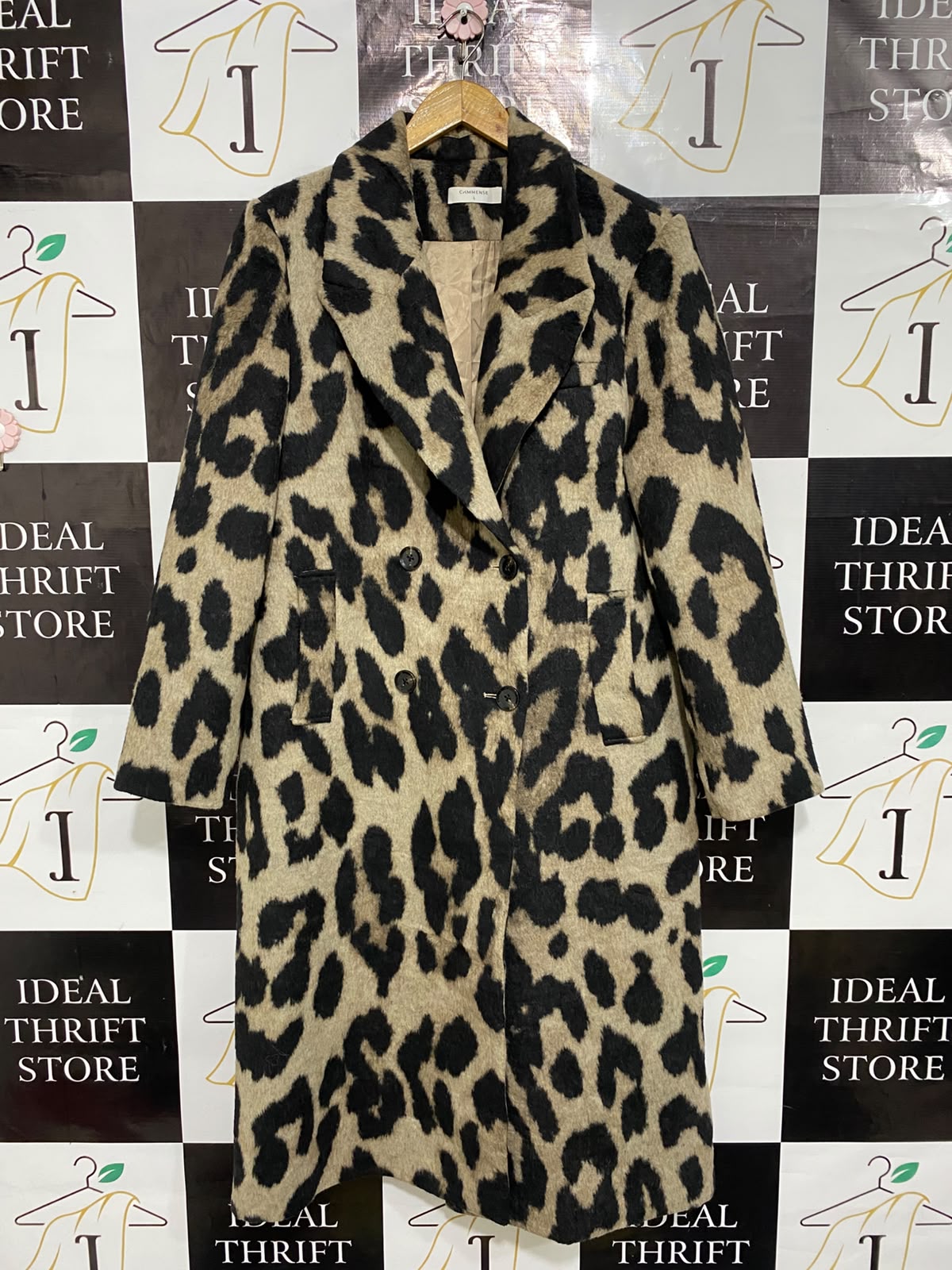 COMMENSE |L| BUST 23| A52| LEOPARD-PRINT NOTCH-LAPEL DOUBLE-BREASTED TECHNICAL UTILITY TRENCH COAT