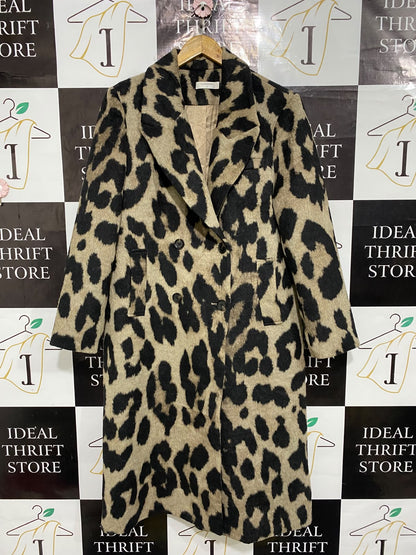 COMMENSE |L| BUST 23| A52| LEOPARD-PRINT NOTCH-LAPEL DOUBLE-BREASTED TECHNICAL UTILITY TRENCH COAT