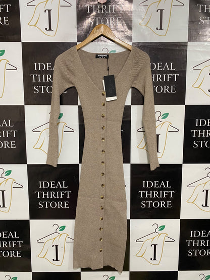 FASHION UNION |XS| BUST 10| A52| BEIGE FASHION UNION V-NECK BUTTON-FRONT RIBBED TECHNICAL UTILITY MIDI DRESS
