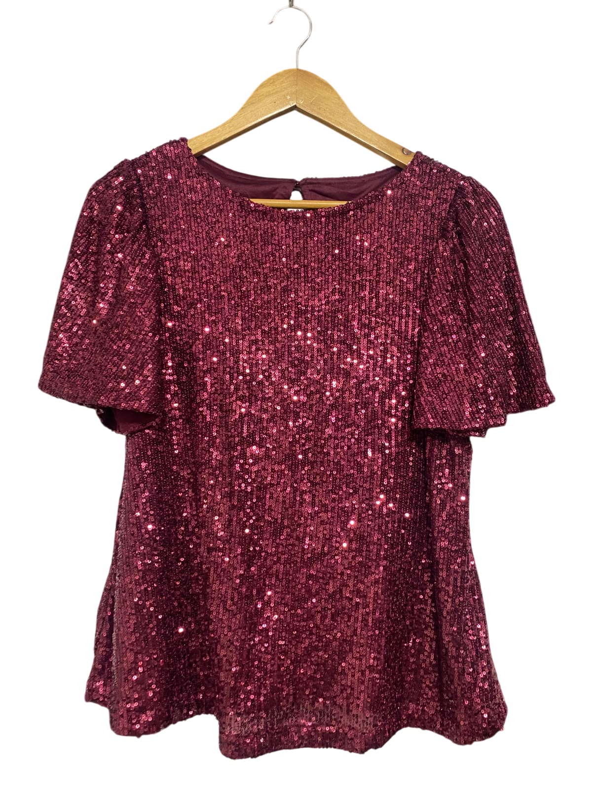 |S| BUST 19| A53| BURGUNDY SEQUIN-EMBELLISHED SHORT-SLEEVE TECHNICAL UTILITY BLOUSE
