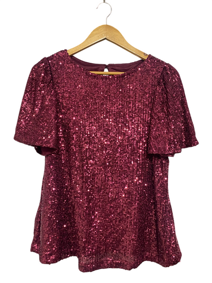 |S| BUST 19| A53| BURGUNDY SEQUIN-EMBELLISHED SHORT-SLEEVE TECHNICAL UTILITY BLOUSE