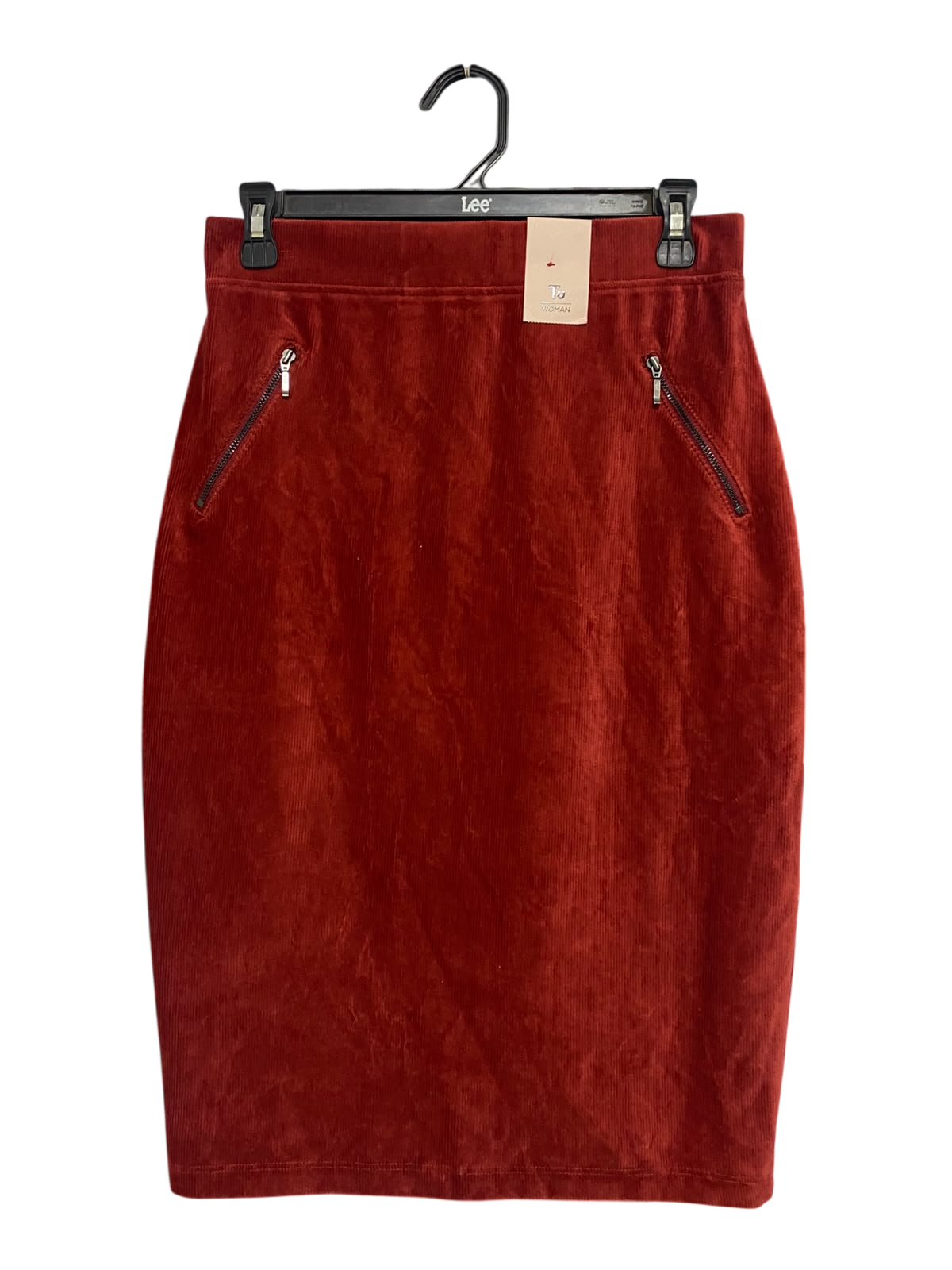 TU WOMAN |M| WAIST 28| A53| RUST CORDUROY ZIP-POCKET TECHNICAL UTILITY PENCIL SKIRT