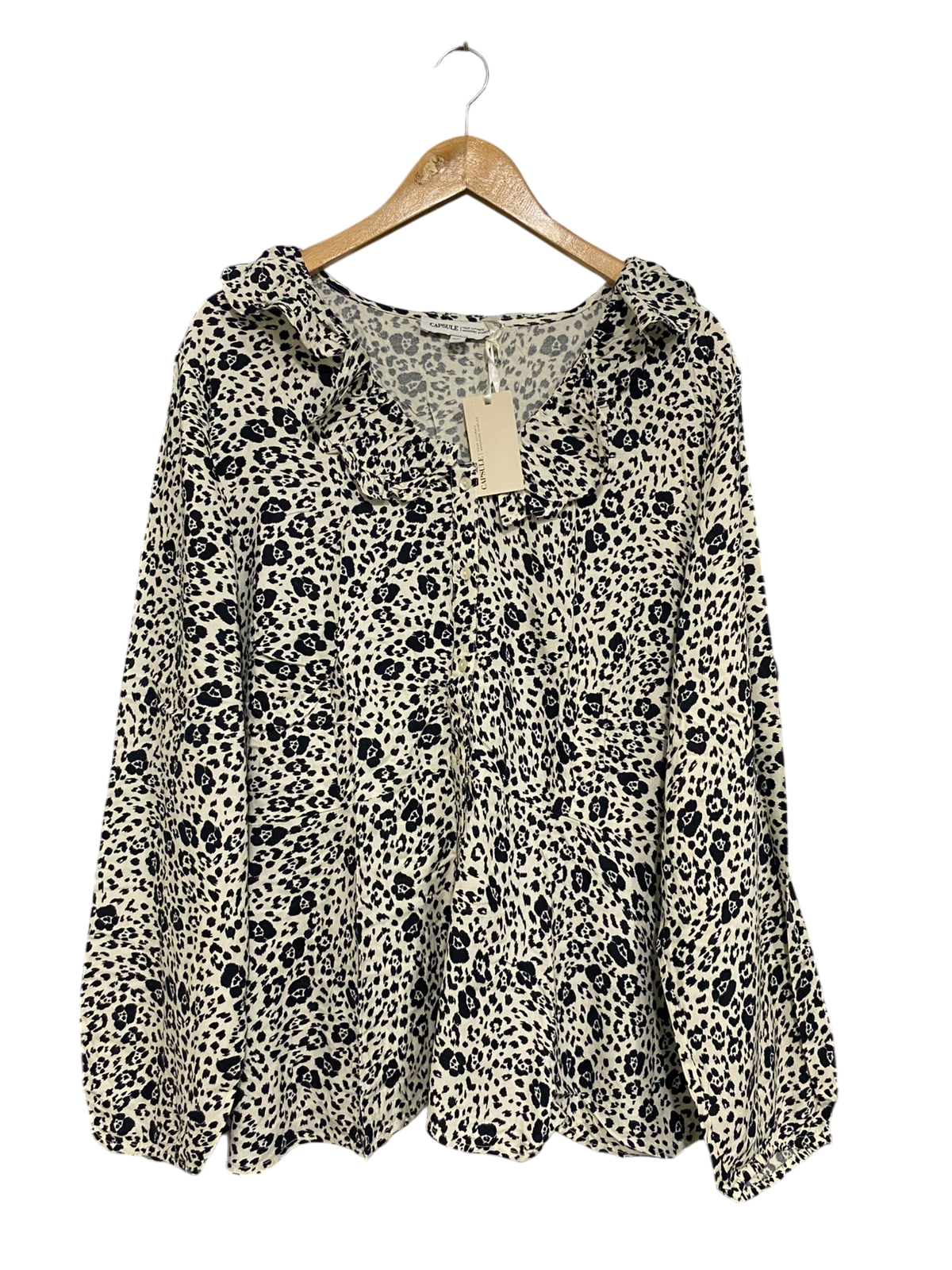 CAPSULE |XL| BUST 24| A53| BLACK AND WHITE ANIMAL-PRINT RUFFLE-COLLAR TECHNICAL UTILITY BLOUSE
