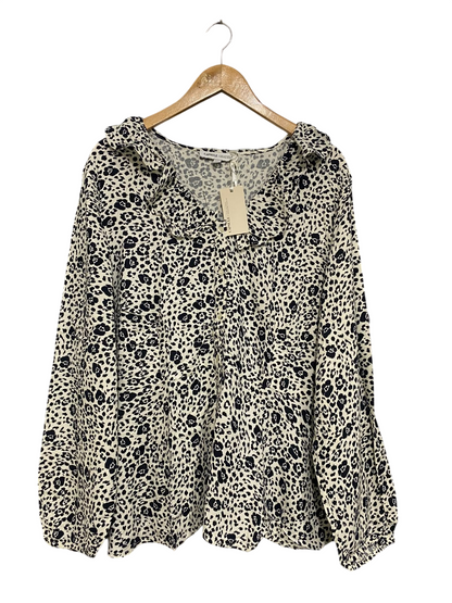 CAPSULE |XL| BUST 24| A53| BLACK AND WHITE ANIMAL-PRINT RUFFLE-COLLAR TECHNICAL UTILITY BLOUSE