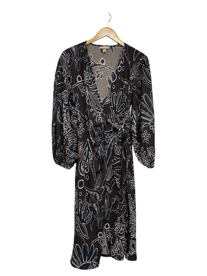 H&M |S| BUST 17| A54| DARK BROWN AND WHITE ABSTRACT FLORAL-PRINT WRAP TECHNICAL UTILITY MIDI DRESS