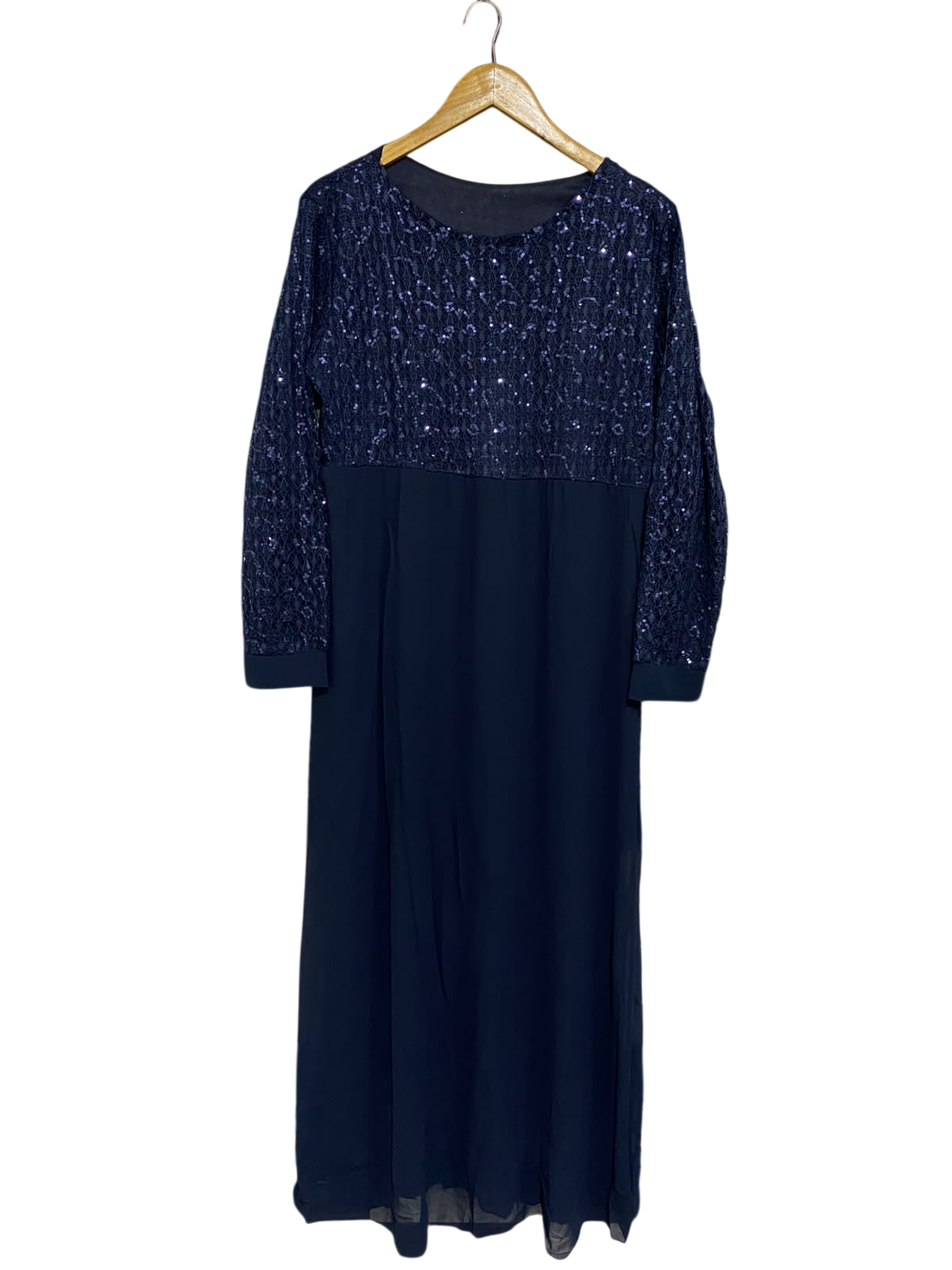 |L| BUST 21| A54| NAVY BLUE SEQUIN-EMBELLISHED LONG-SLEEVE TECHNICAL UTILITY MIDI DRESS