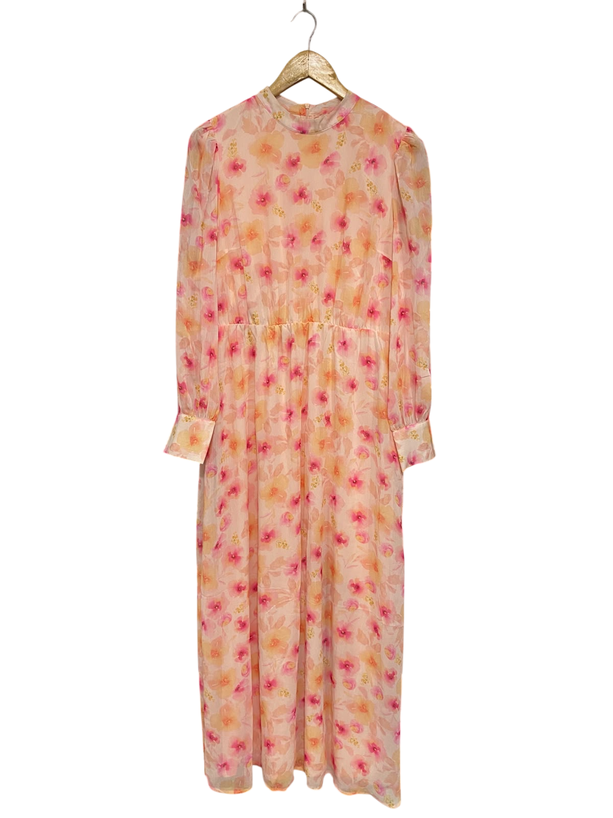 VILA |M| BUST 18| A54| PEACH AND PINK FLORAL-PRINT MOCK-NECK TECHNICAL UTILITY MIDI DRESS