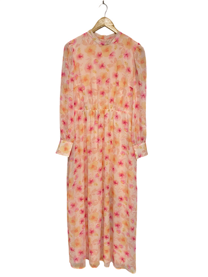 VILA |M| BUST 18| A54| PEACH AND PINK FLORAL-PRINT MOCK-NECK TECHNICAL UTILITY MIDI DRESS